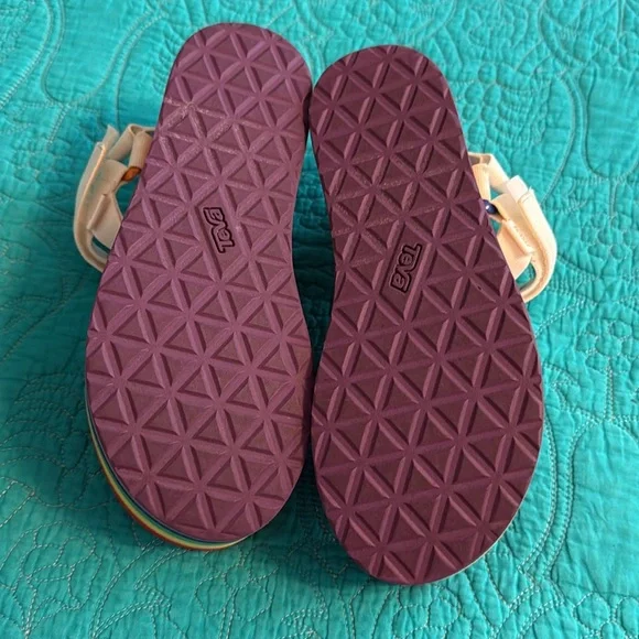 Teva Platform Sandals with Rainbow Sole and White Straps - Picture 5 of 7